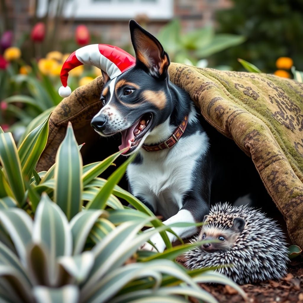 A Harlequin Hound Disguises Itself in Hostas with a Hedgehog