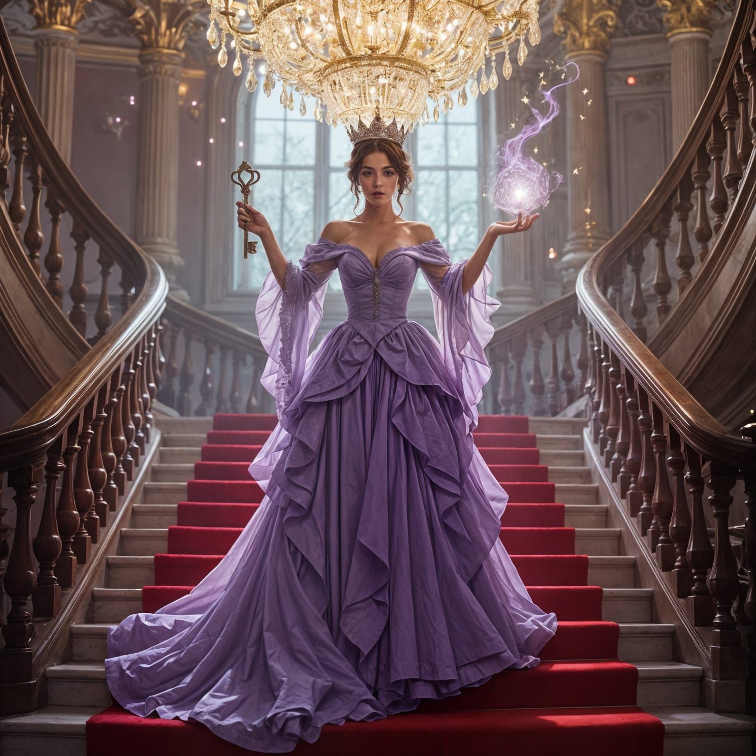 Enchanted Woman on Red Staircase with Key