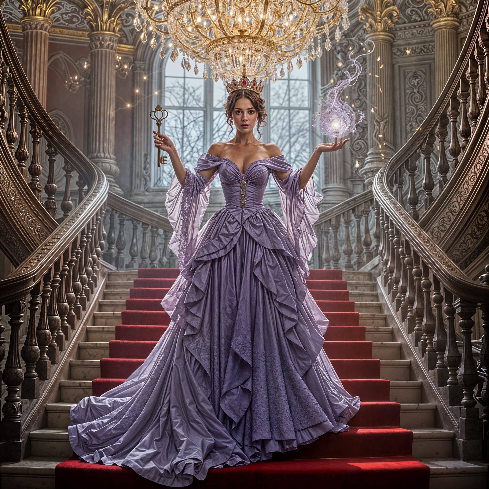 Crowned Woman on Red Staircase with Chandelier