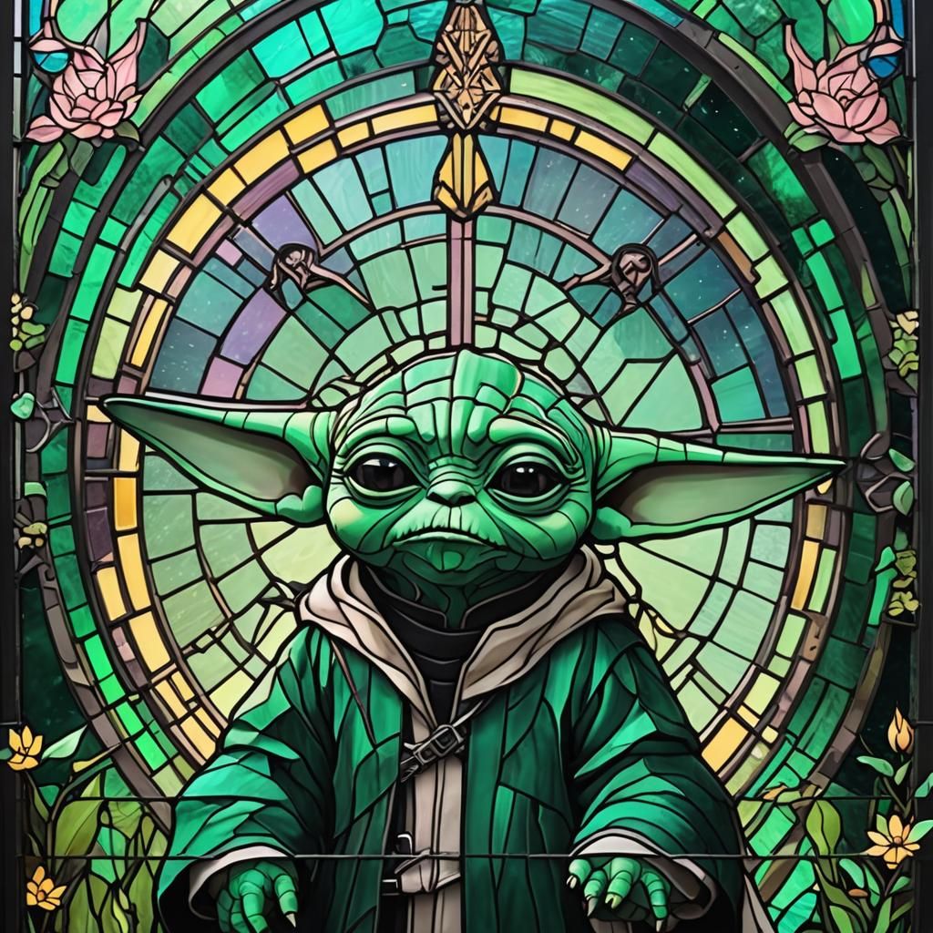 Grogu Stained Glass Window in Synthwave Neon Style