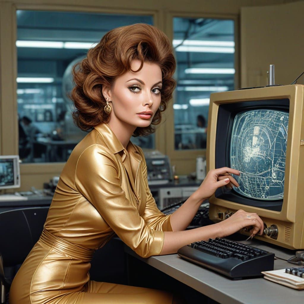 Retro Sci-Fi Lab Scene with Golden Jumpsuit