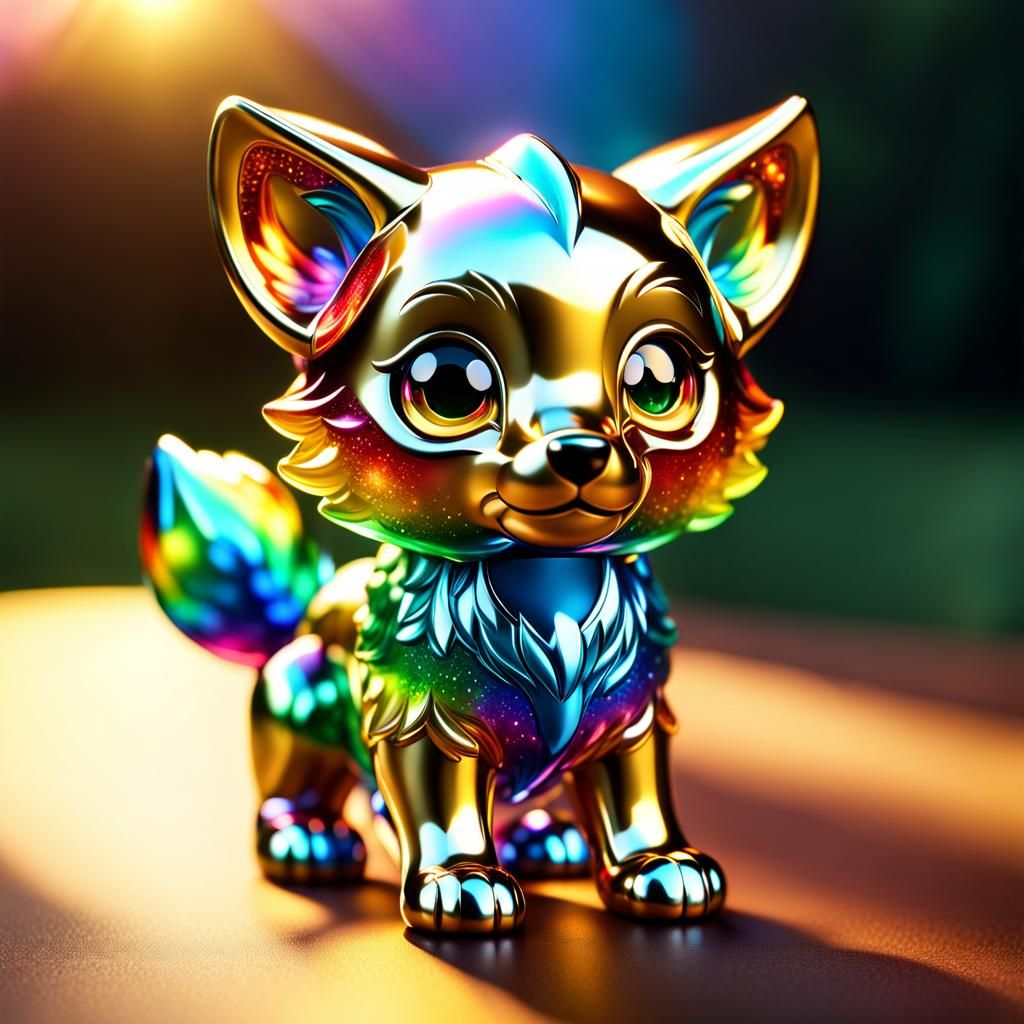 Fierce Rainbow Glass Wolf Cub in Chibi Style