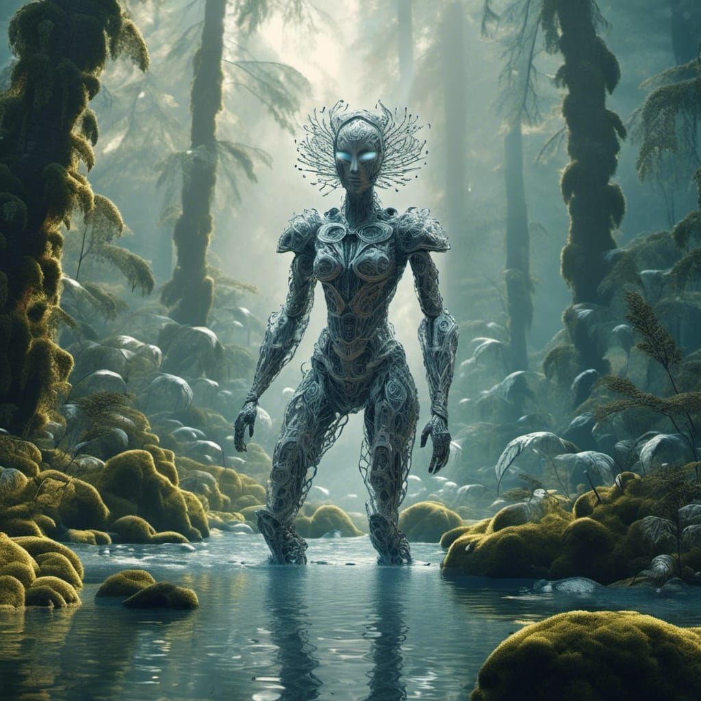 Rice Paper Humanoid AI Work in Scandinavian Forest