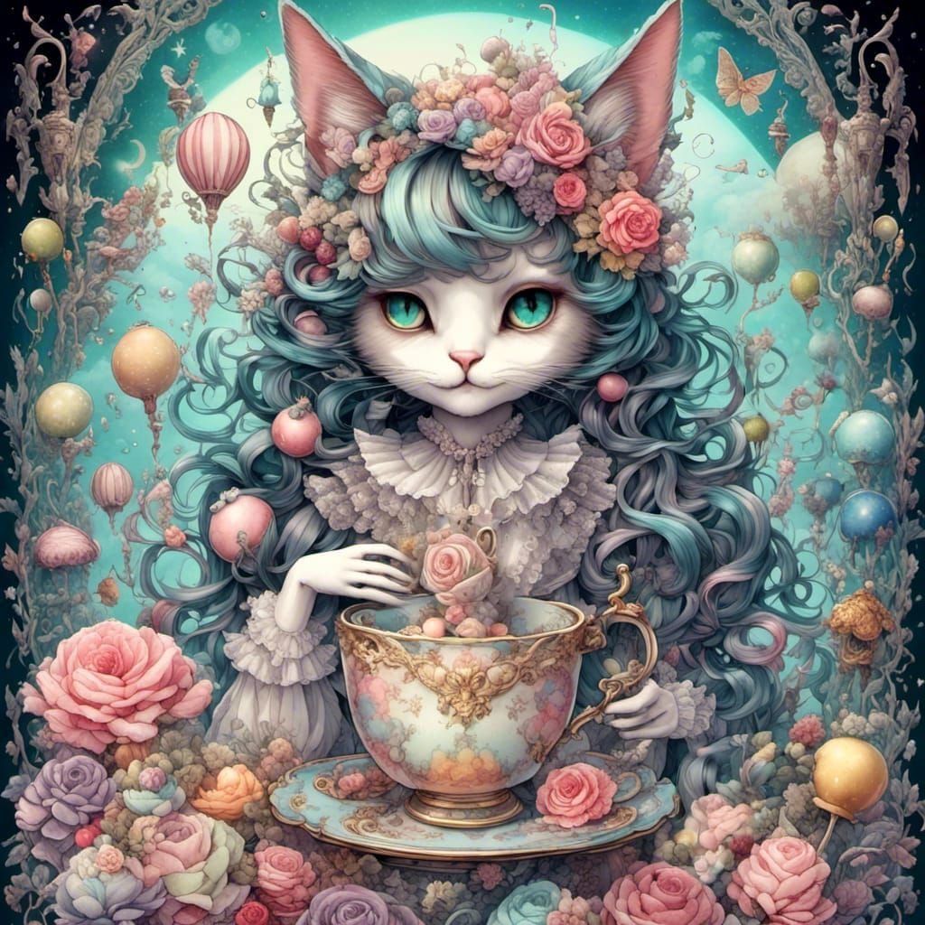 Victorian Cat Tea Party in Watercolor Candy Style