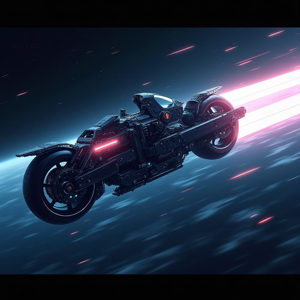 Cyberpunk Flying Bike Soaring Through Space
