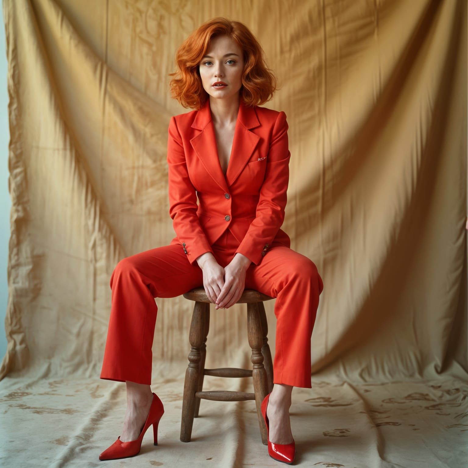 Red-Haired Woman in Red Suit: Hyperrealistic Lomography