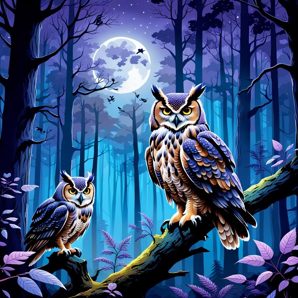 Owls Keeping Watch in Foggy Forest at Night
