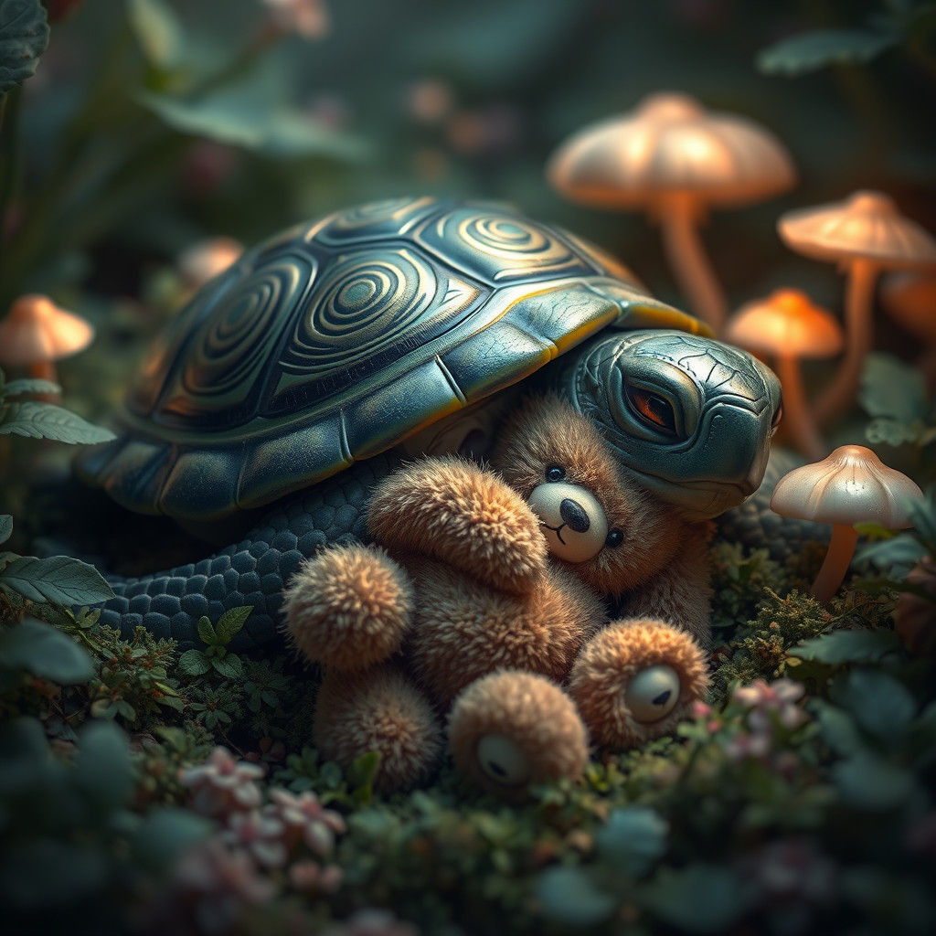 Baby Turtle Sleeping with Teddy Bear in Dreamlike Setting