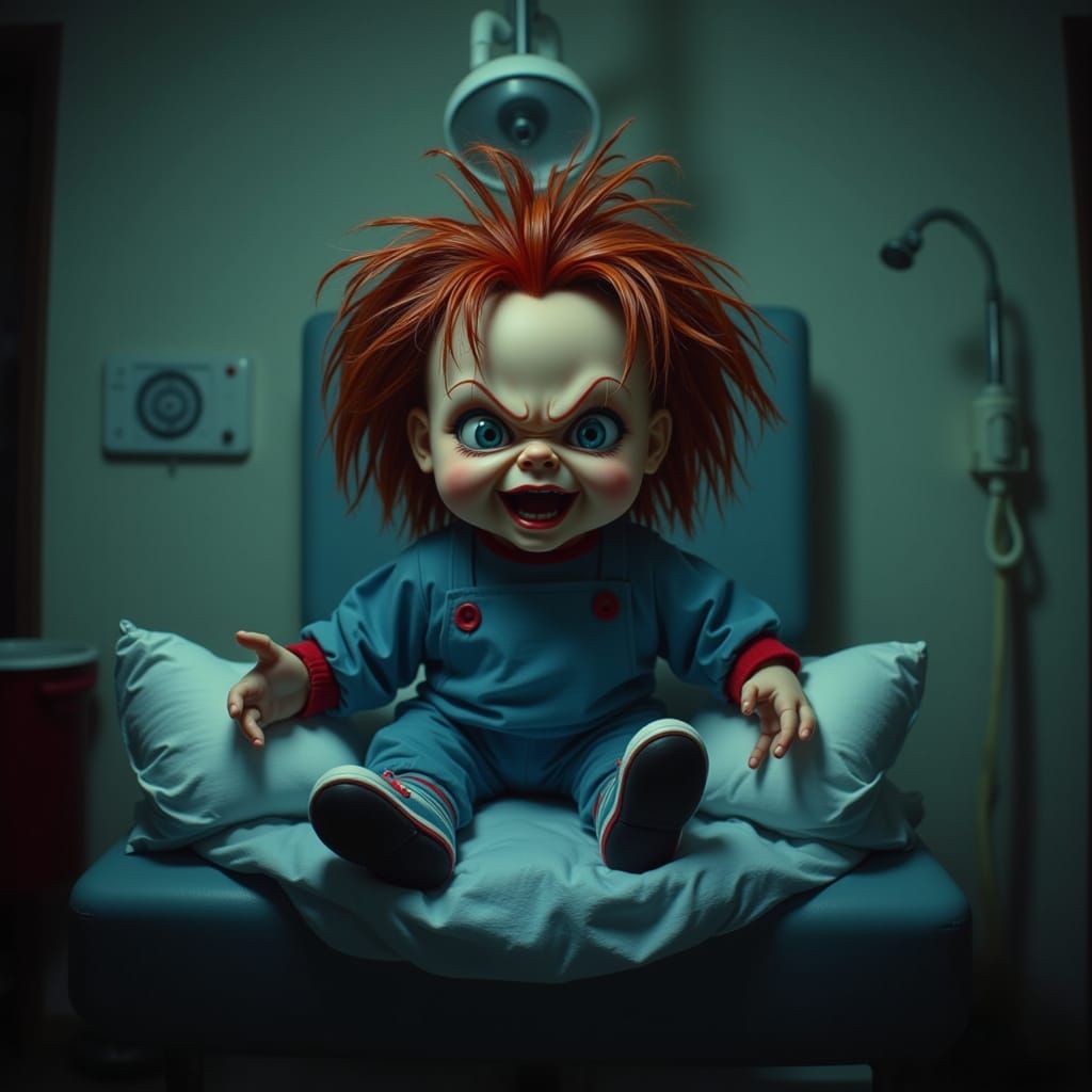<lora:Augmented realities:1.0> creepy chucky doll sitting on a medical exam table, blue hospital gown, smirking expressi...