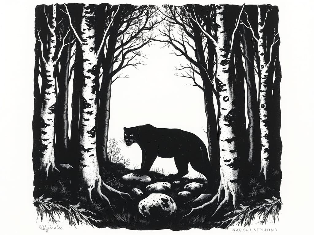 Mysterious Black Panther in Dark Forest Woodblock Print