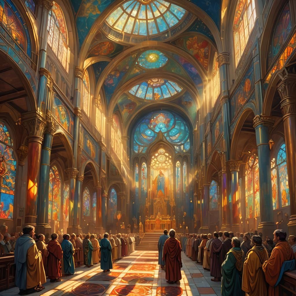 Mythic Temple Interior with Ra in Alphonse Mucha Style