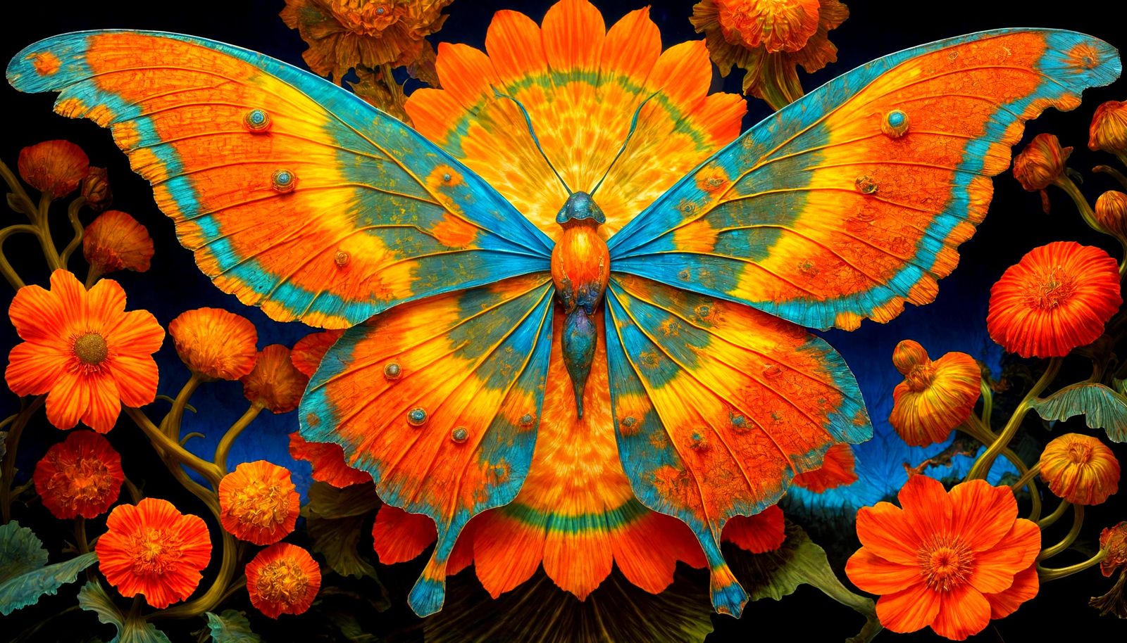 Iridescent Butterfly Pollinates Celestial Flower