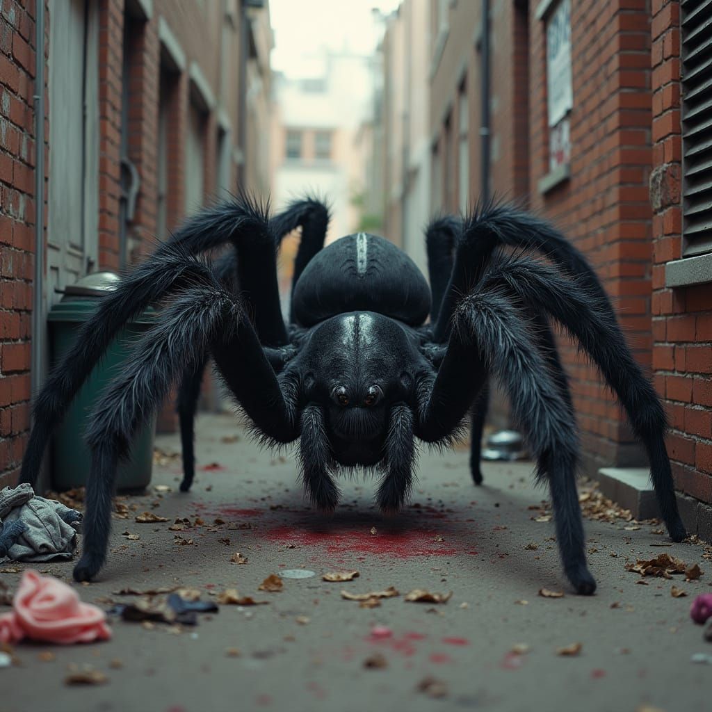Hyper Realistic Photo of a Spiked Black Spider in Grimy Alle...