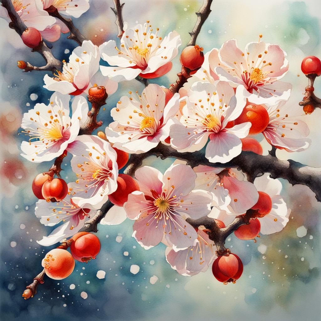 Japanese Apricot Blossom in Watercolor Style