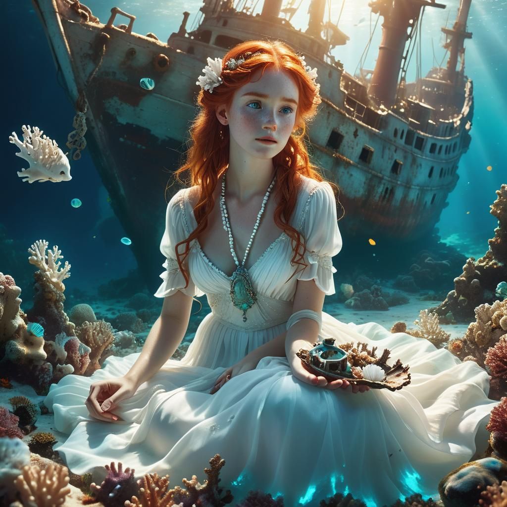 Underwater Girl with Sunken Ship, Fantasy Concept Art
