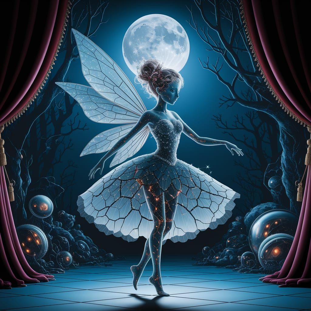 Glass Fairy Clockwork Gears on Moonlit Stage