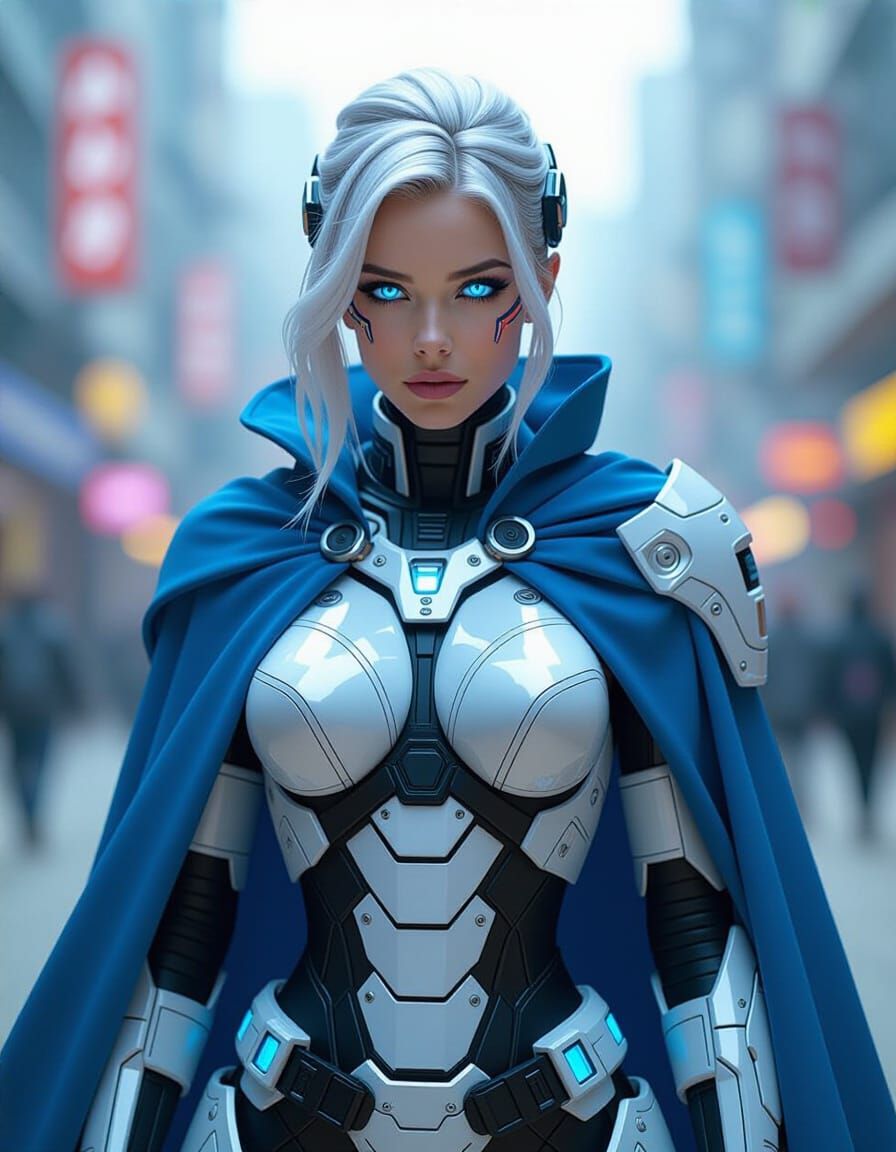 Cyberpunk Woman with Glowing Eyes and Silver Hair