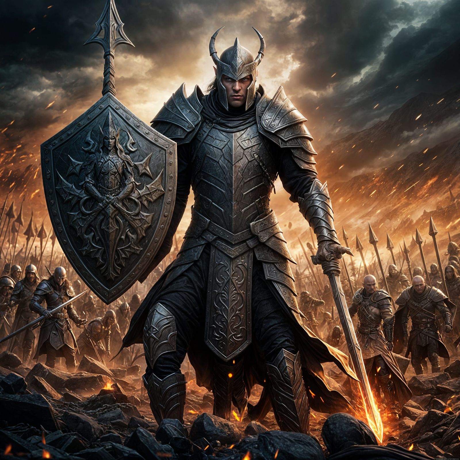 Half-Elf Paladin with Trident on Demon Battlefield