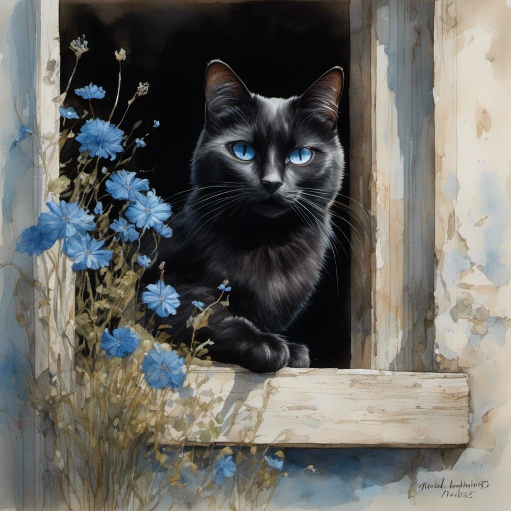 Black Cat Portrait with Prismatic Eyes Watercolor Style