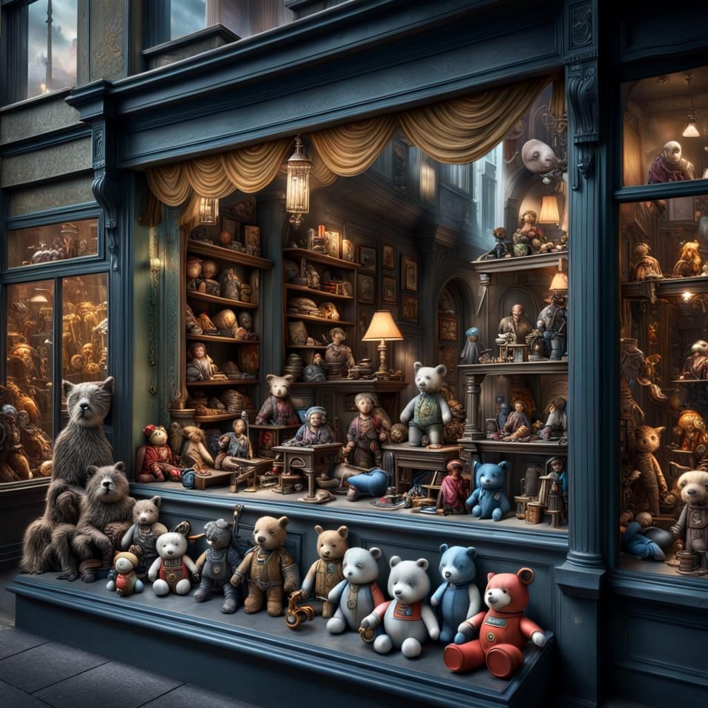 Intricate Toy Shop Window Display in Hyperrealistic Style