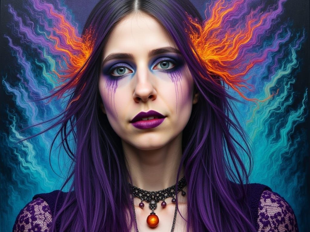 Mystical Oil Painting of Voluptuous Woman with Flames