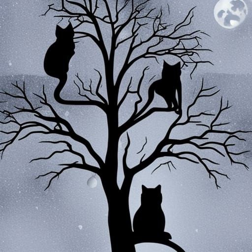Cats in Tree Silhouette Before Full Moon