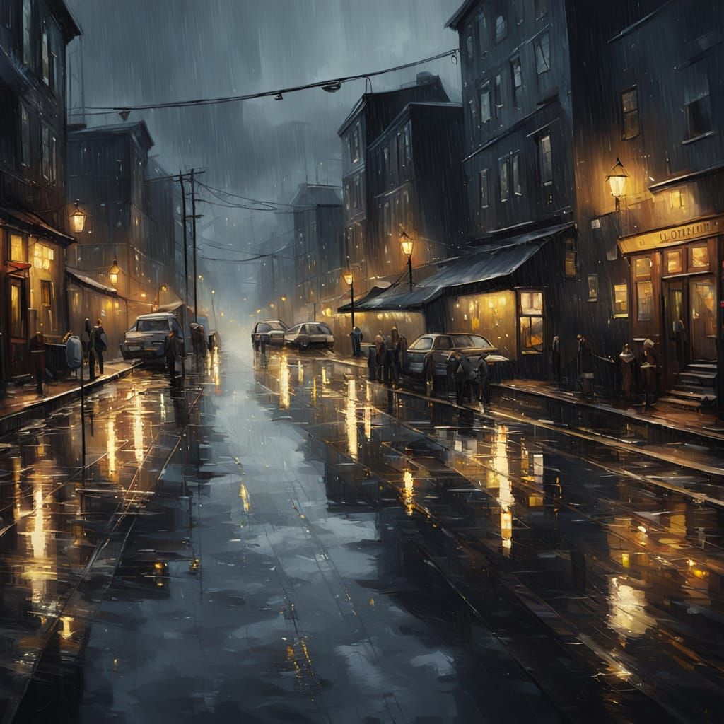 Gloomy Seaport at Dusk with Rain and Blurred Lights