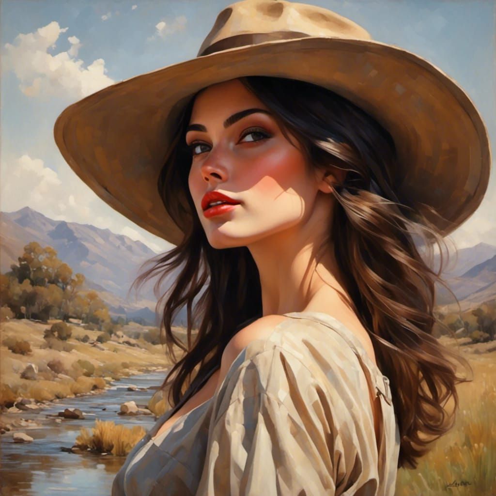 Beautiful Brunette with Hat Looking Up by Stream