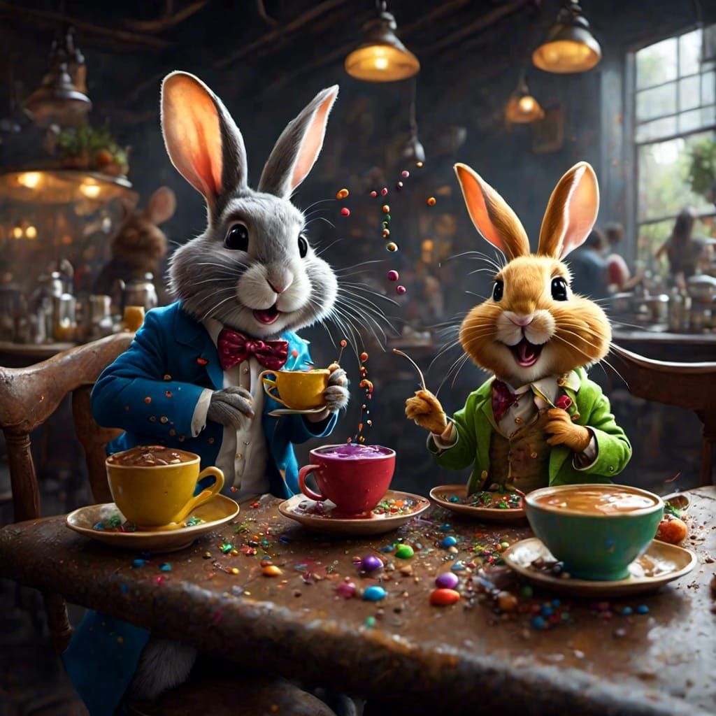 <lora:Fluffmuppets:1.3> Mouse and rabbit ins cafe, paint spl...