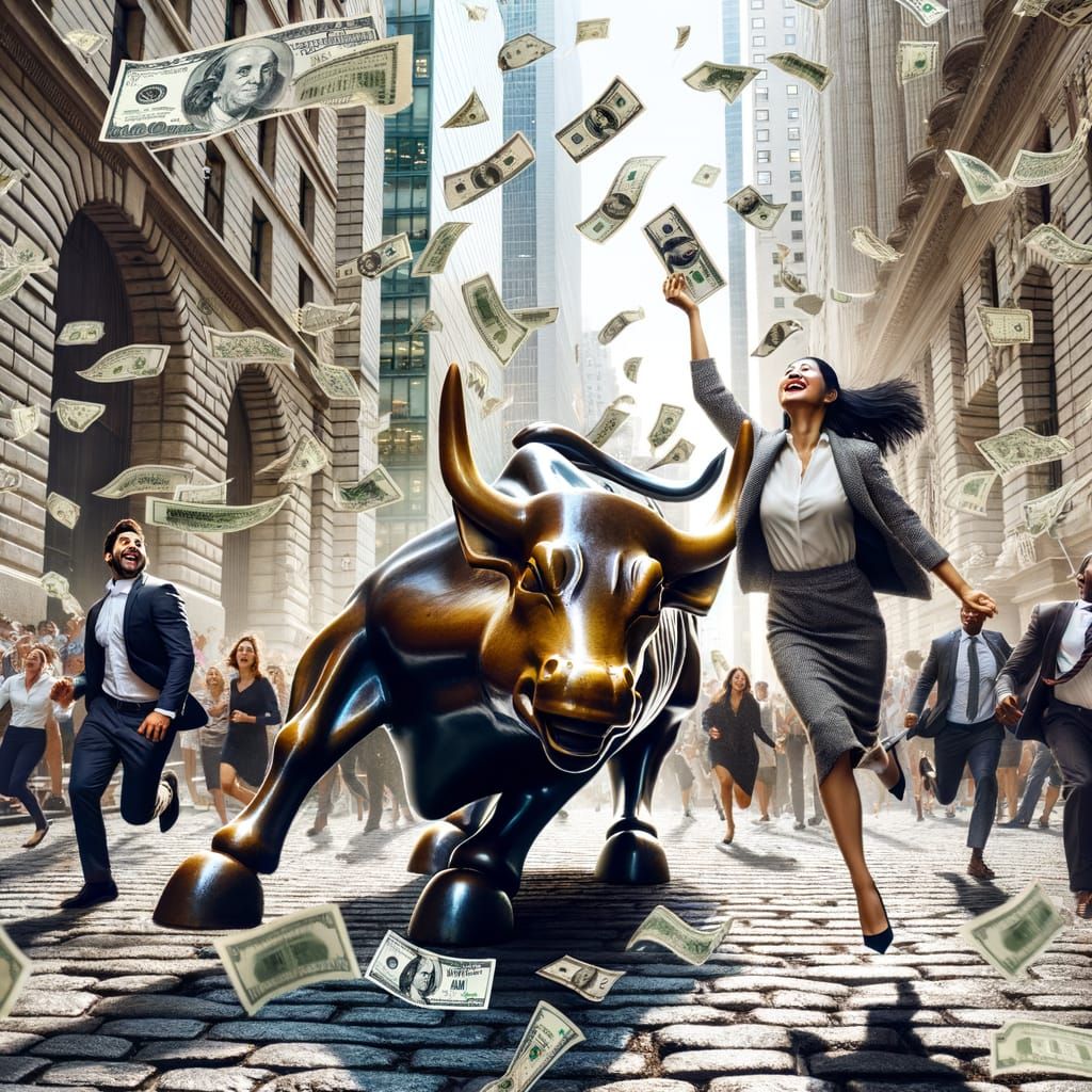 Bronze Bull Statue Unleashes Dollar Bills in Joyful New York...