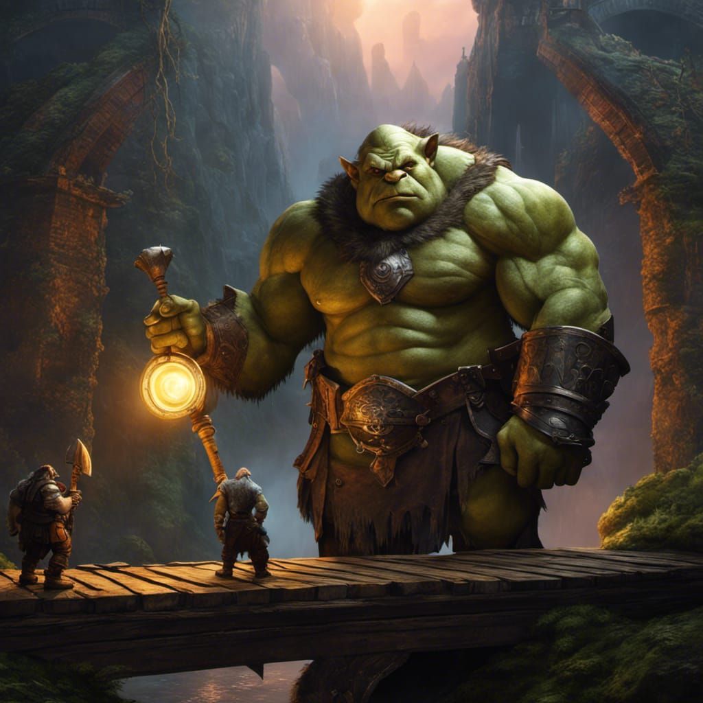 A giant ogre holding a big club, looking over an old broken ...