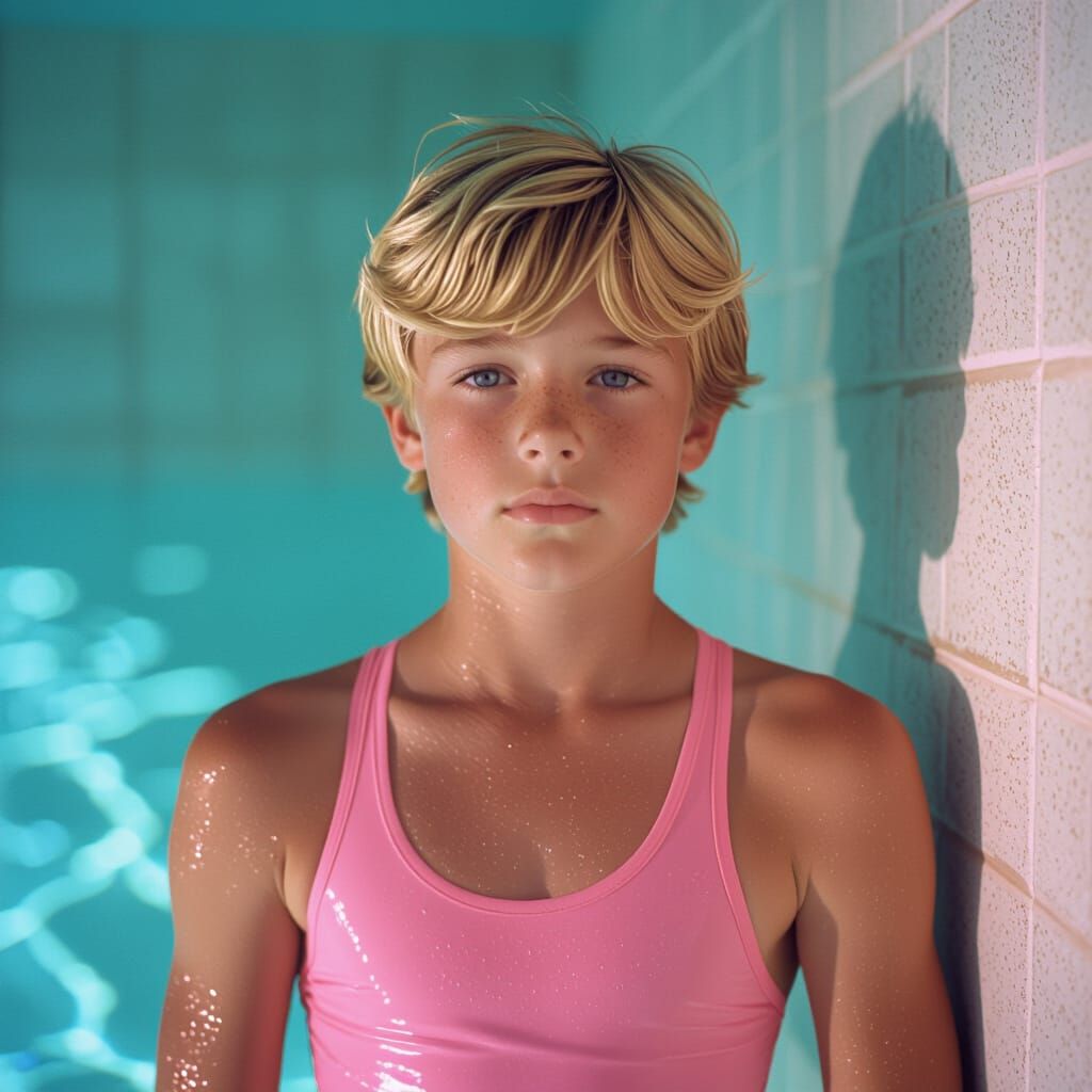 Heroic Blond Boy in Pink Swimsuit, Cinematic Style