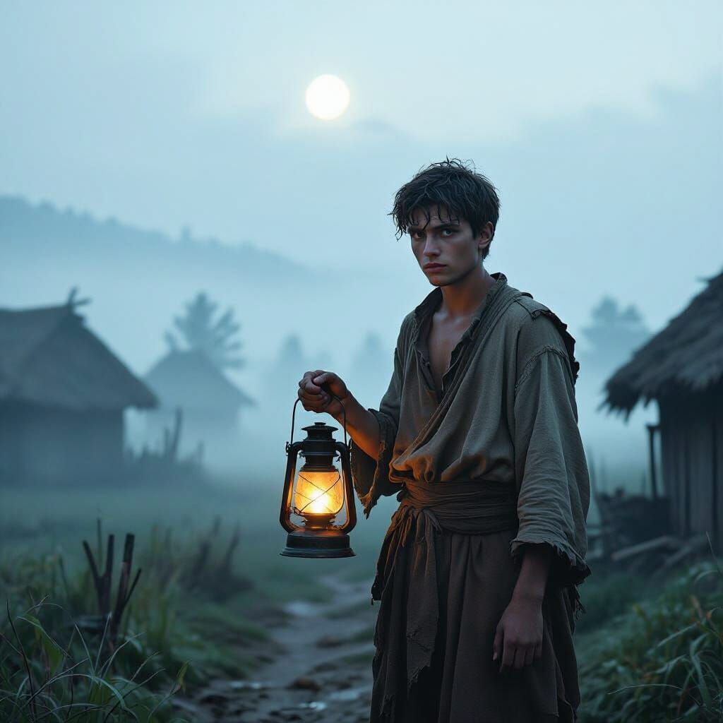 Young Man with Lantern in Foggy Village at Twilight