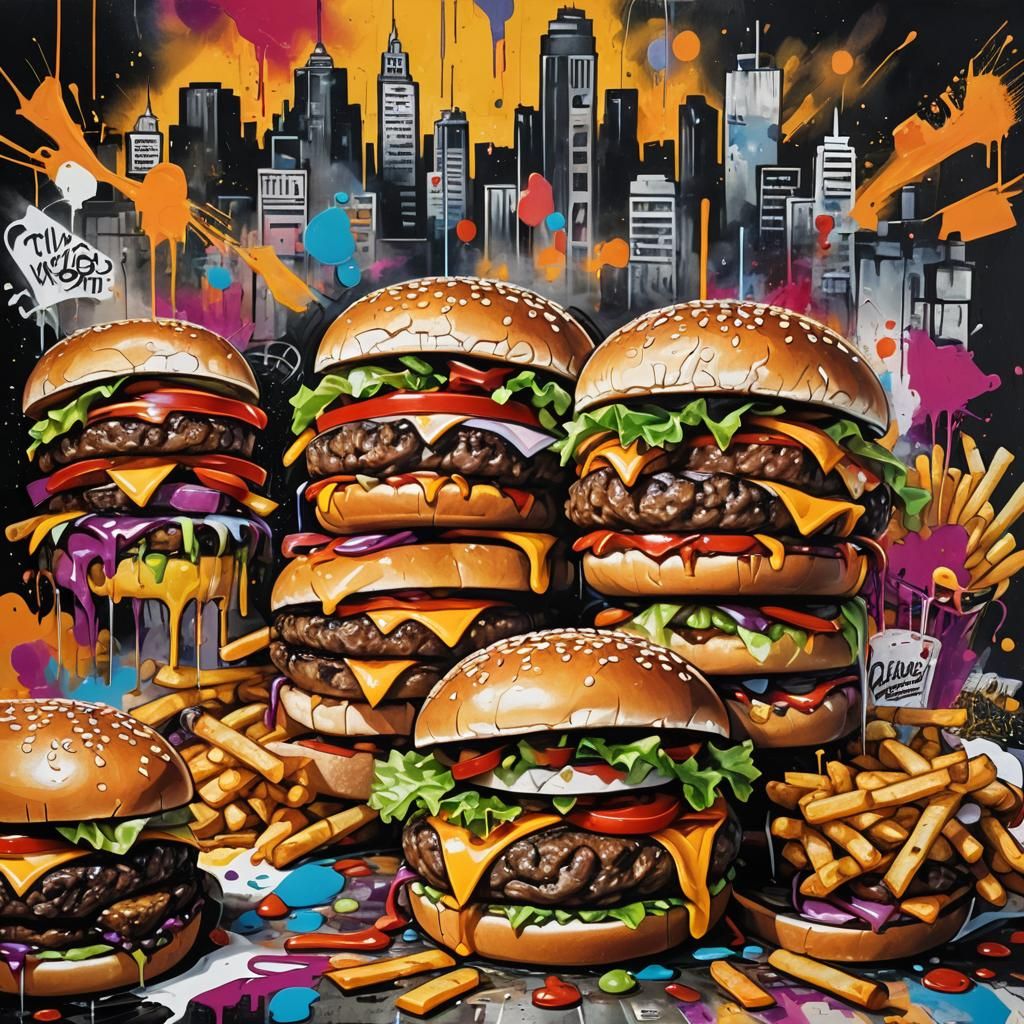 Juicy Hamburgers and Fries in Urban Graffiti Setting