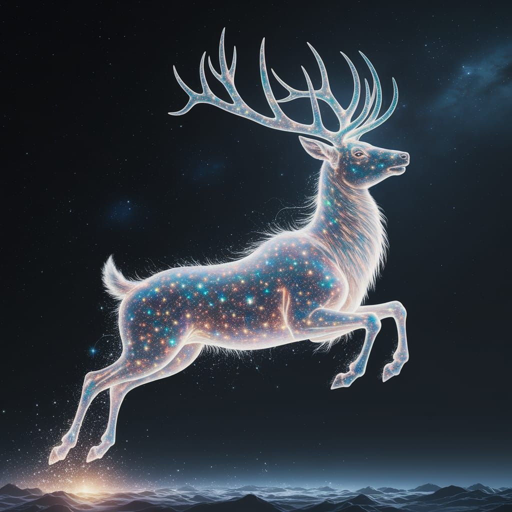 Celestial Stardust Stag Leaping in Starry Sky