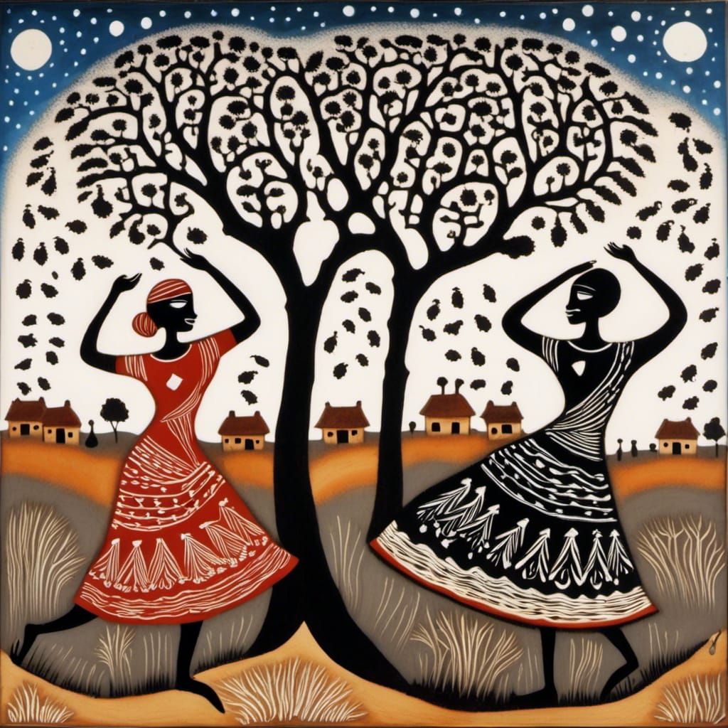 African Village Dance in Warli Folk Art Style