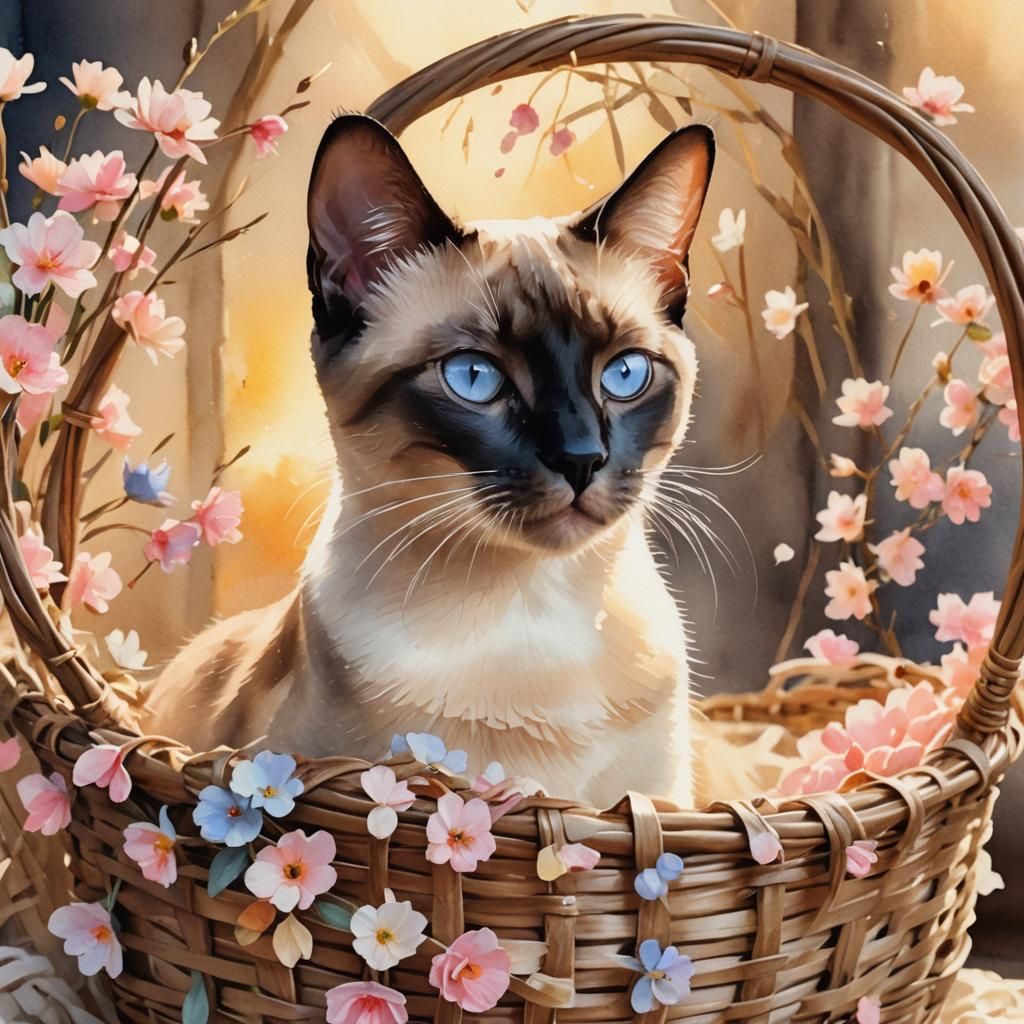 Siamese Cat in Basket: Digital Watercolor Painting