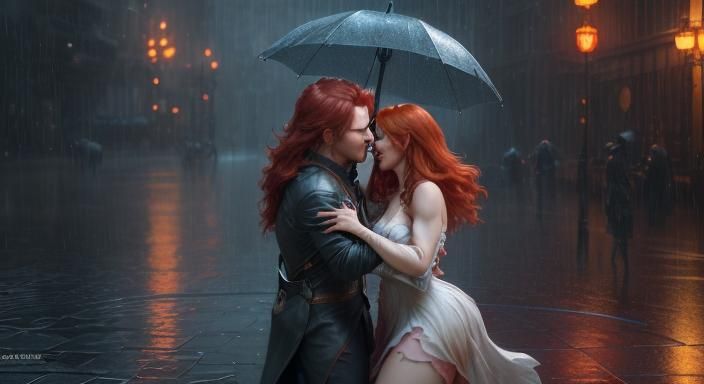 Passionate Kiss in Rain, Dynamic Lighting, Splash Art