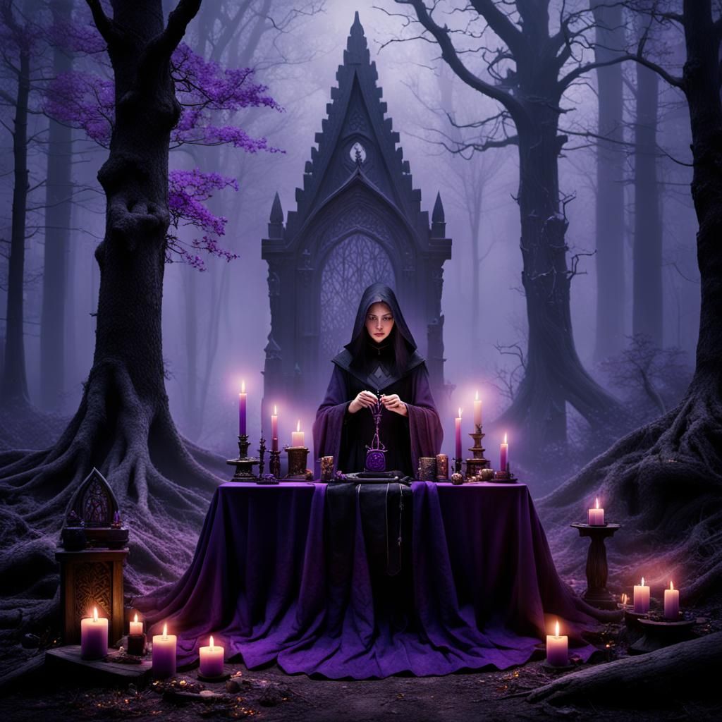 Young Witch at Altar in Dark Forest
