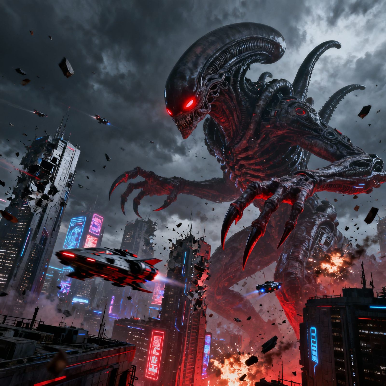 Terrifying Alien Attacks Futuristic City in Cinematic Style