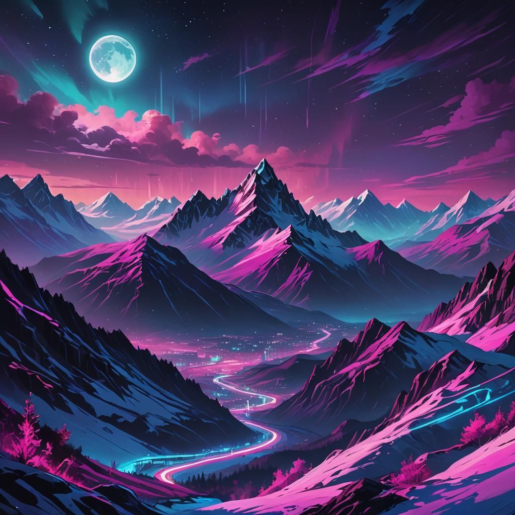 Cyberpunk Aurora Borealis Over Mountains in Neon Style