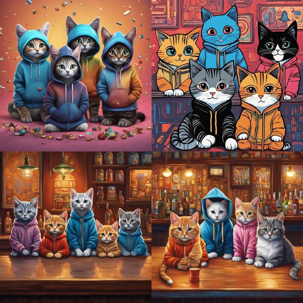 Kittens in Hoodies at Bar, as 3D Digital Art