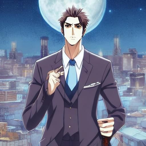 Anime Boy with Fire and Ice Aura Under Moon