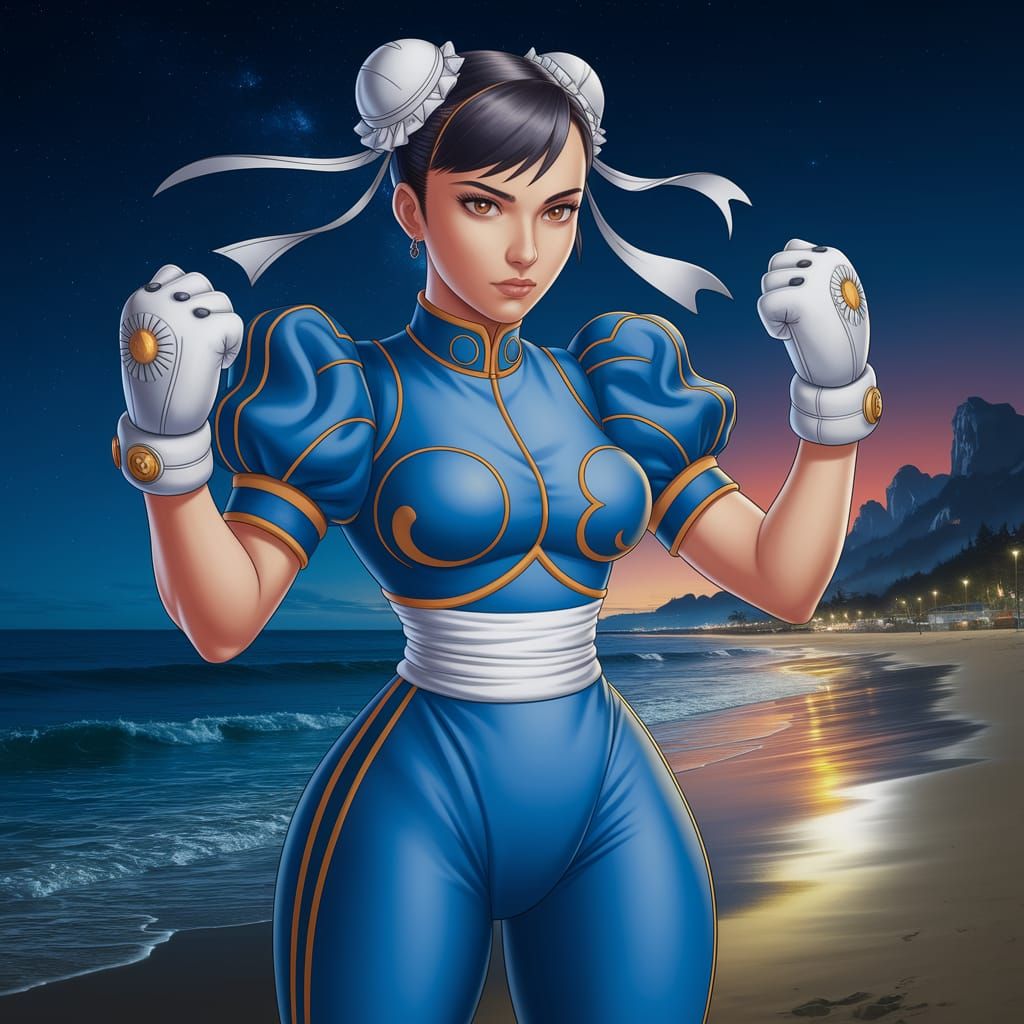 Chun-Li Training on Night Beach in Anime Style