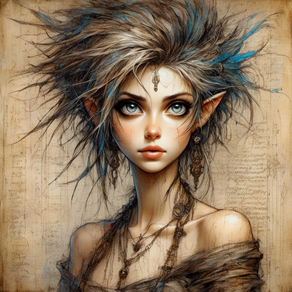 Edgy Punk Girl on Papyrus, Vintage Drawing