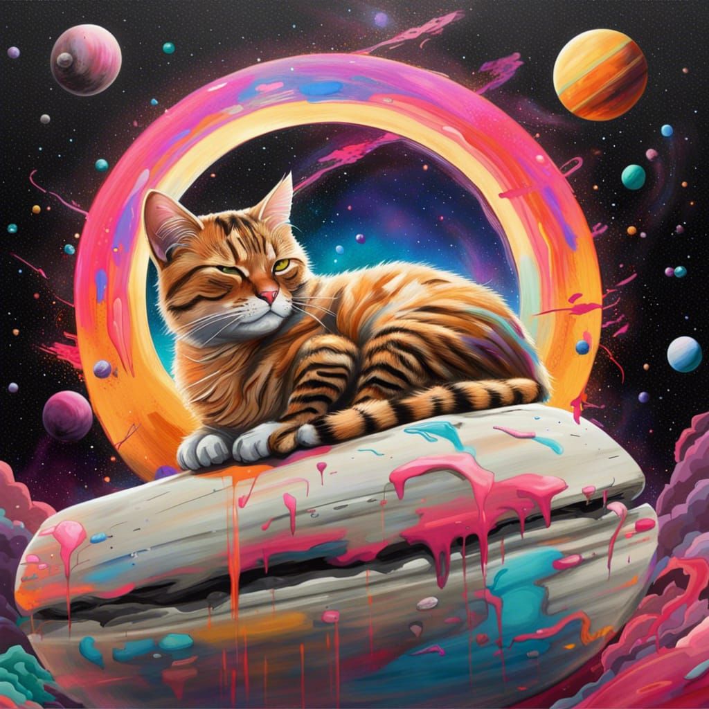 Cat's Nap on Saturn Ring in Galaxy, Graffiti Art