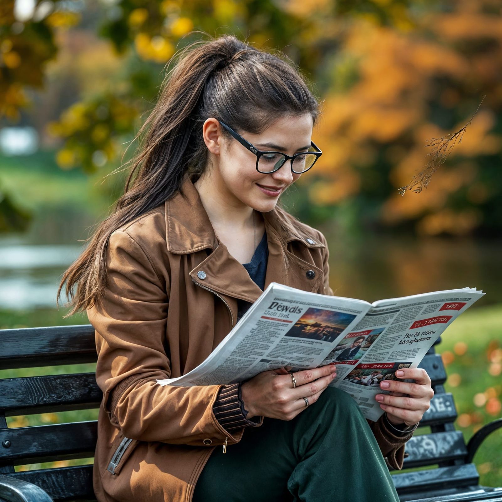 Woman Reading Newspaper on Park Bench in Autumn