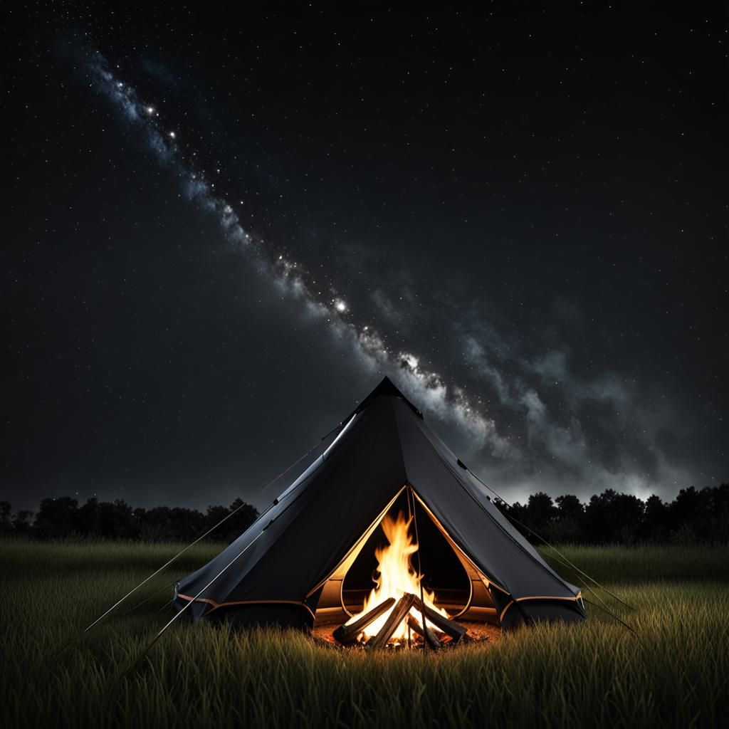 Roaring Campfire and Tent Under Starry Sky