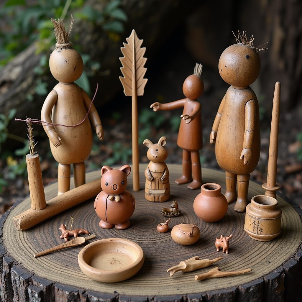 Traditional Iroquois Children's Playthings on a Wooden Table