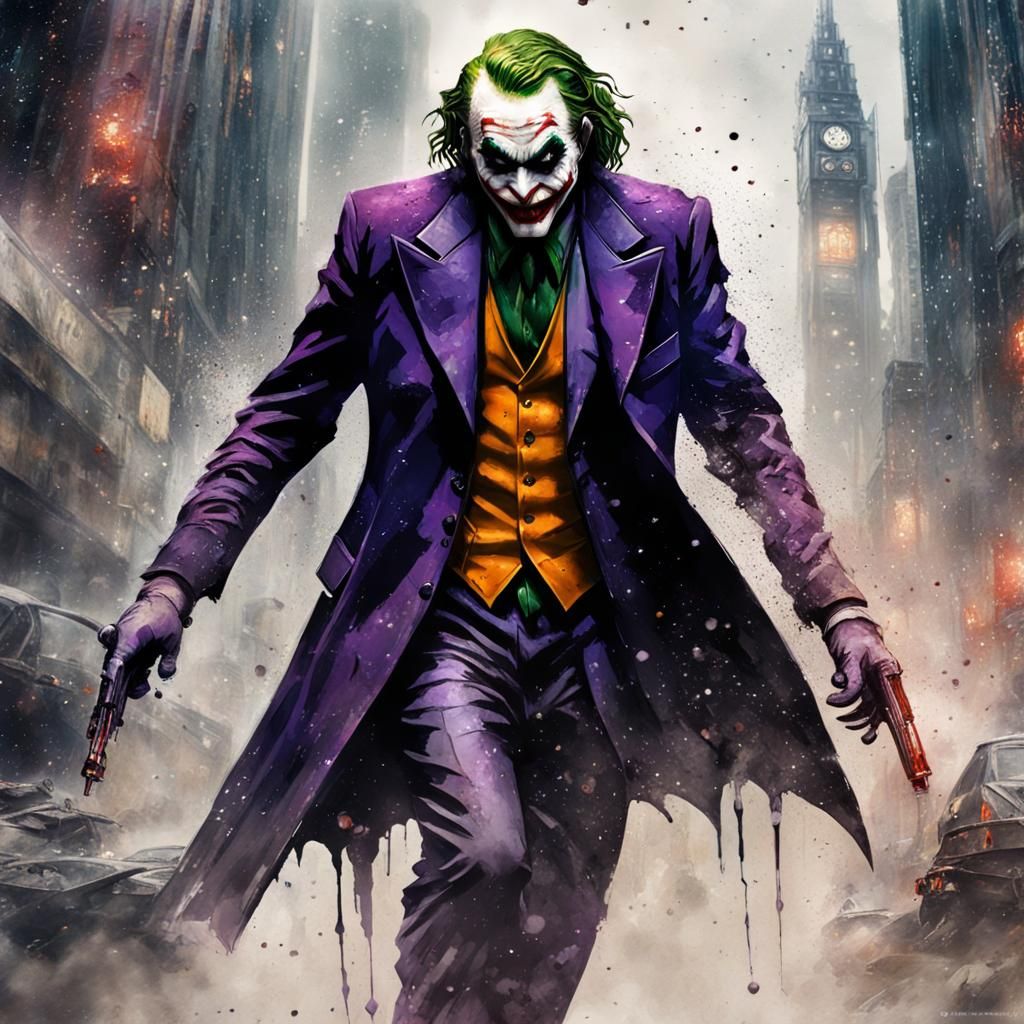 Action shot character, Sci-fi cinematic fantasy background, The Joker visuals